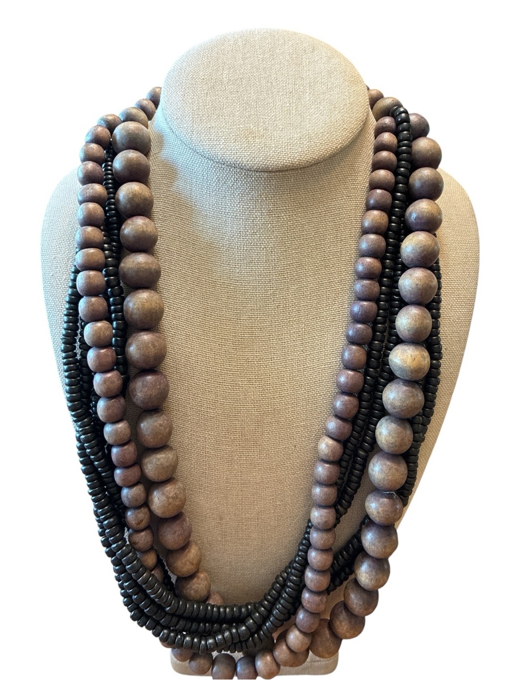 🔵 Multi-Strand Brown Wood Bead Necklace ~ 25.5 Inches